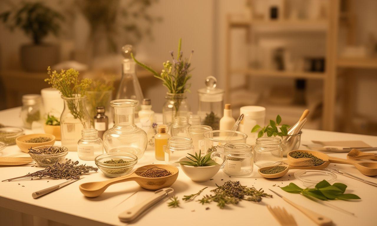 Naturkosmetik-Workshop im Zürcher Studio mit Glasgefässen, Kräutern und warmem Licht