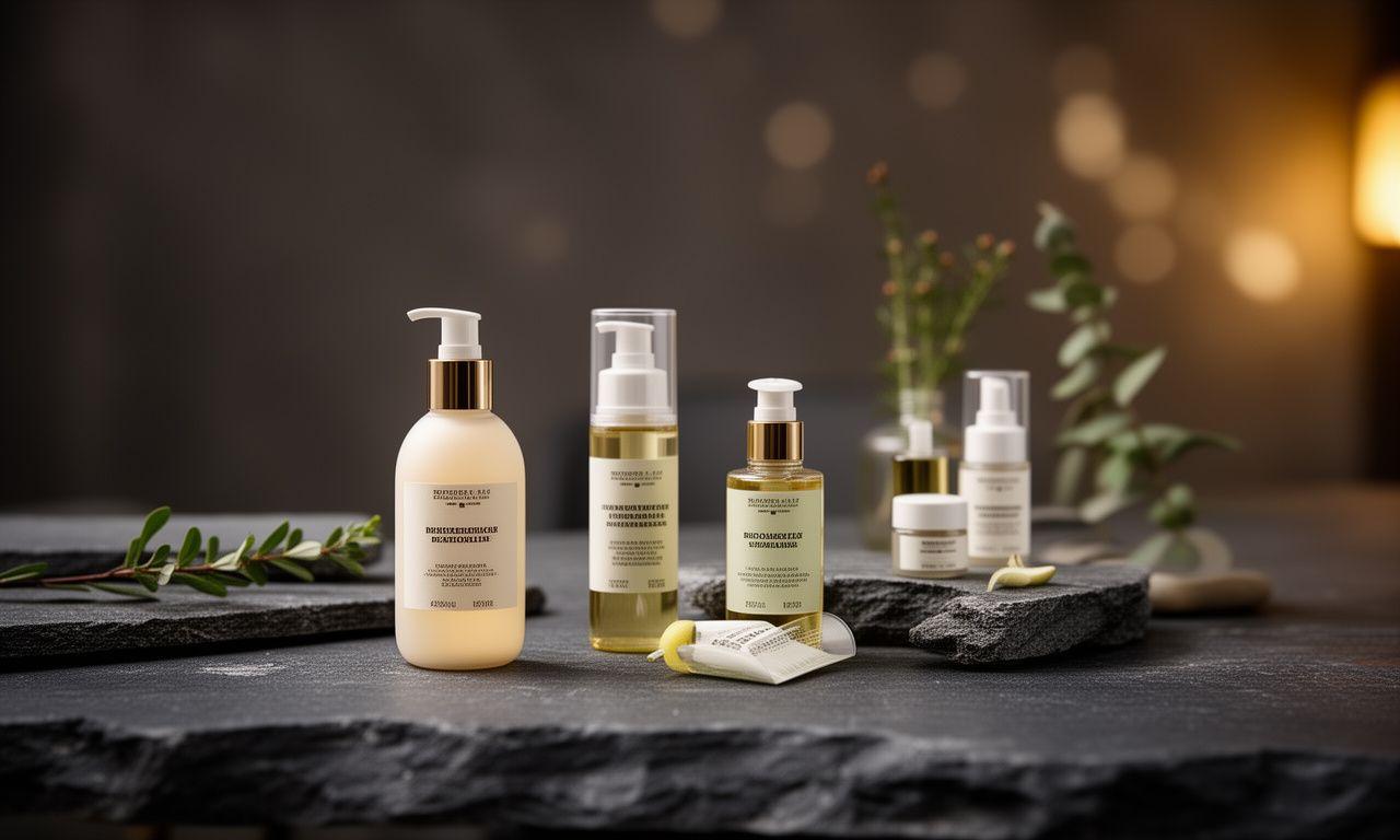 Elegante Bio-Hautpflege-Produkte auf einem dunklen Steintisch mit weichem Licht und Zürcher Atelierstimmung