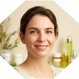 Laura F. lächelt in einem Zürich Studio mit Naturkosmetik-Produkten im Hintergrund