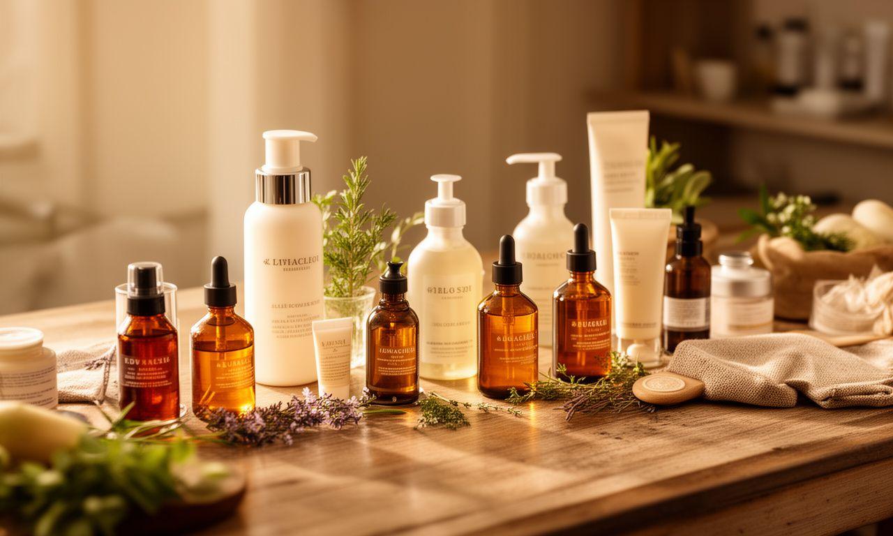 Warm beleuchteter Naturkosmetik-Arbeitsplatz mit Glasflaschen, Kräutern und sanften Pflegeprodukten in Zürich